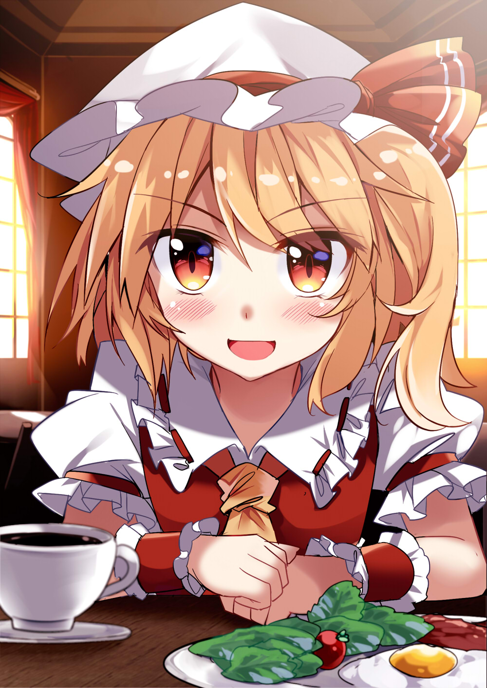 1girl ascot blonde_hair blush cherry_tomato commentary_request cup curtains e.o. egg flandre_scarlet frills hat hat_ribbon highres looking_at_viewer mob_cap open_mouth plate puffy_short_sleeves puffy_sleeves red_curtains red_eyes red_ribbon ribbon short_sleeves side_ponytail smile solo sunny_side_up_egg table teacup tomato touhou window wrist_cuffs yellow_neckwear