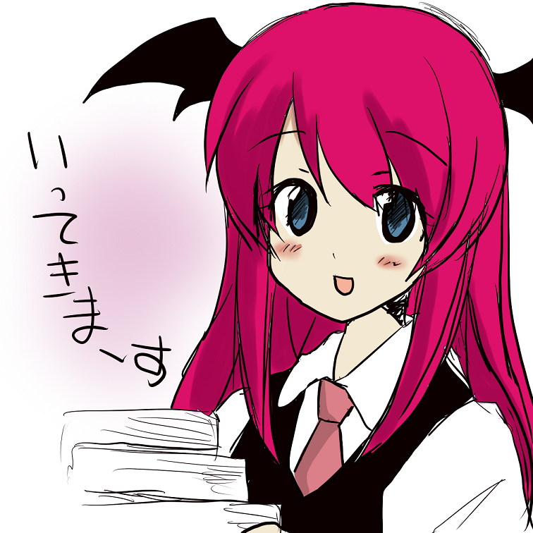 1girl alice11304 alternate_eye_color bat_wings blue_eyes blush book book_stack collared_shirt commentary_request eyebrows_visible_through_hair head_wings holding holding_book koakuma looking_at_viewer necktie red_neckwear redhead shirt simple_background sketch solo touhou translation_request vest white_background white_shirt wings