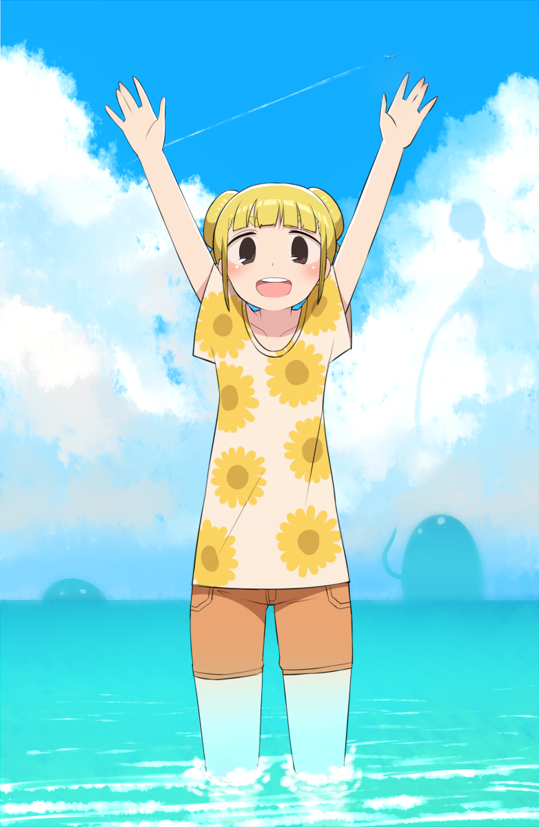 1girl :d arms_up bangs black_eyes blonde_hair blue_sky blunt_bangs blush clouds cloudy_sky commentary_request condensation_trail cowboy_shot creepy double_bun floral_print harau highres looking_at_viewer monster ocean open_mouth orange_shorts original shirt short_sleeves shorts sky smile solo_focus wading what