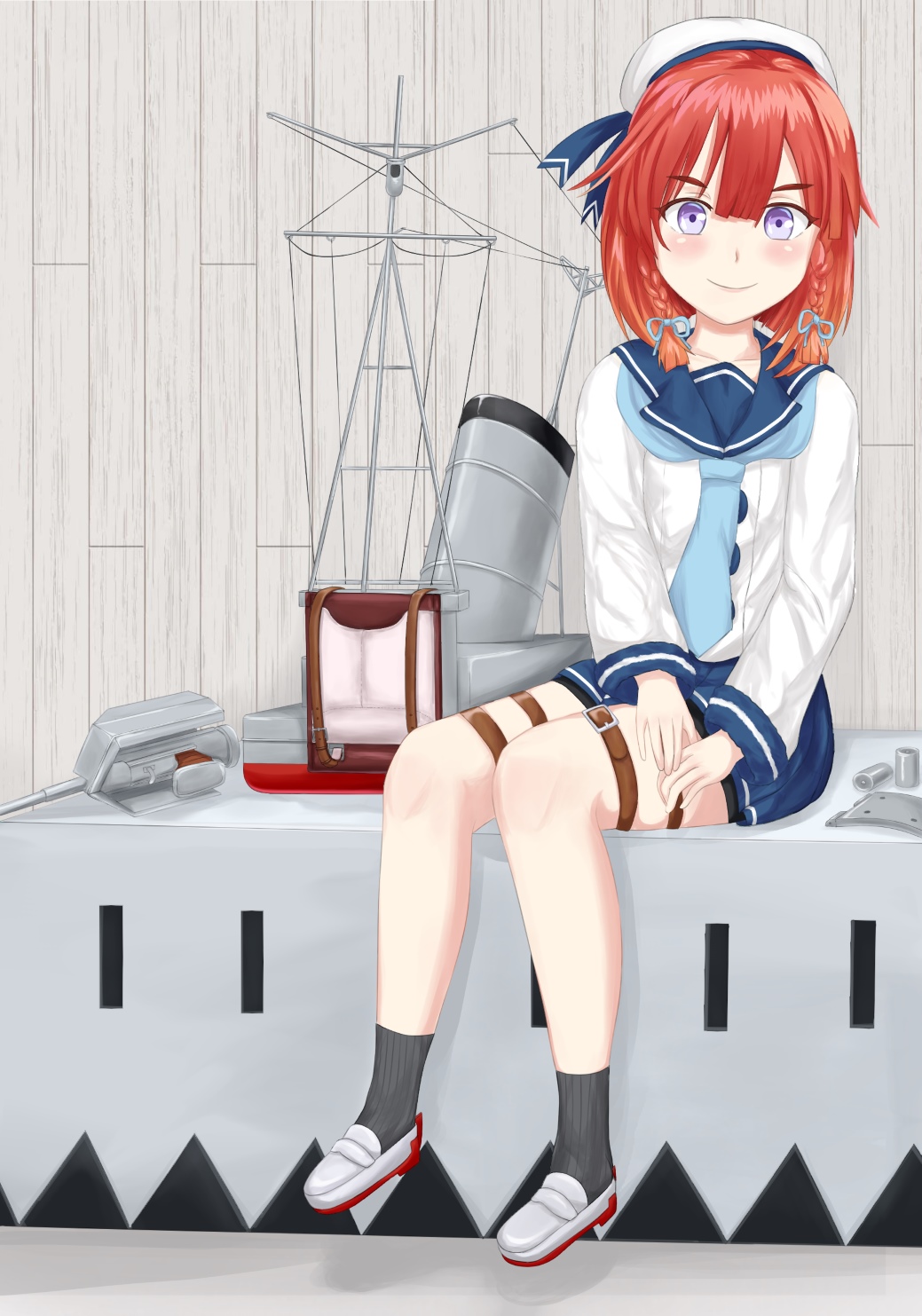 1girl bike_shorts black_legwear blue_neckwear blue_ribbon blue_skirt bob_cut box braid etorofu_(kantai_collection) full_body gloves hat highres kantai_collection long_sleeves looking_at_viewer machinery neckerchief open_mouth pleated_skirt redhead ribbon sabakuomoto sailor_hat school_uniform serafuku short_hair shorts_under_skirt sidelocks skirt solo thick_eyebrows twin_braids violet_eyes white_gloves white_hat