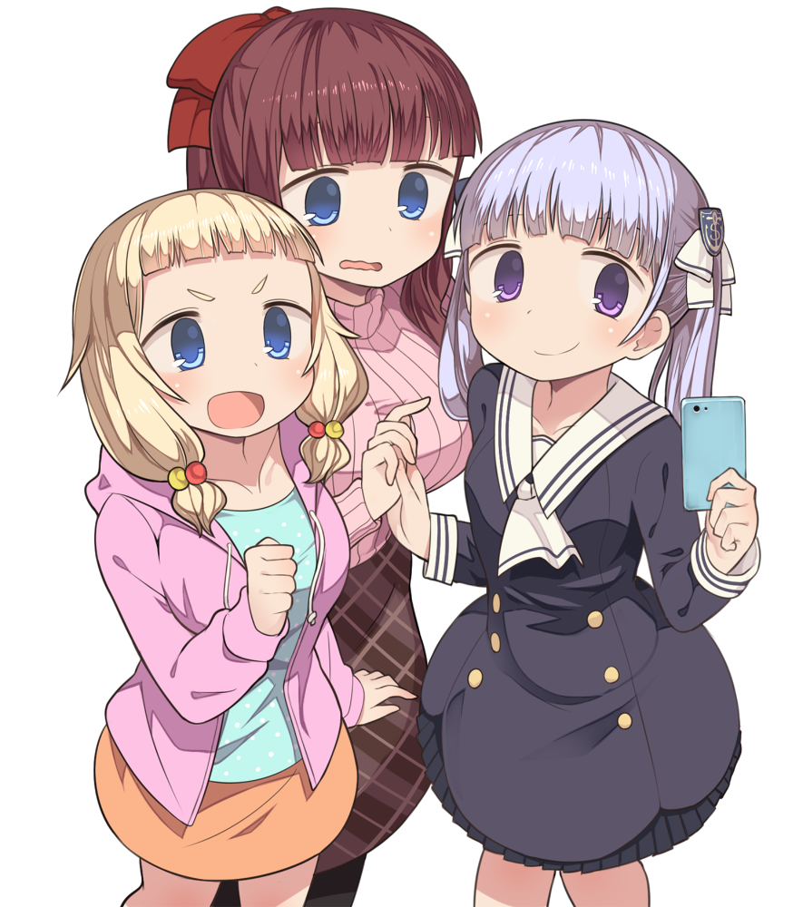 3girls :d bangs black_legwear blonde_hair blue_dress blue_eyes blue_hair blue_skirt blunt_bangs blush bow cellphone closed_mouth commentary dress hair_bow hair_ornament harau holding holding_phone hood hood_down hoodie long_sleeves low_twintails multiple_girls new_game! open_mouth orange_skirt pantyhose parted_lips phone pink_legwear red_skirt redhead sakura_nene self_shot short_eyebrows simple_background skirt smartphone smile suzukaze_aoba sweater takimoto_hifumi twintails v-shaped_eyebrows violet_eyes wavy_mouth white_background worried