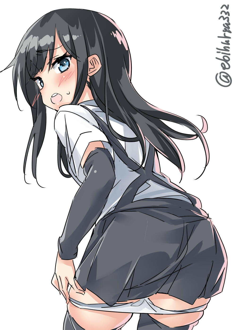 1girl arm_warmers asashio_(kantai_collection) bangs black_hair black_legwear black_skirt blue_eyes blush cowboy_shot ebifurya eyebrows_visible_through_hair from_behind highres kantai_collection long_hair looking_at_viewer looking_back open_mouth panties panty_pull pleated_skirt shirt short_sleeves sidelocks simple_background skirt solo sweat thigh-highs twitter_username underwear white_background white_panties white_shirt