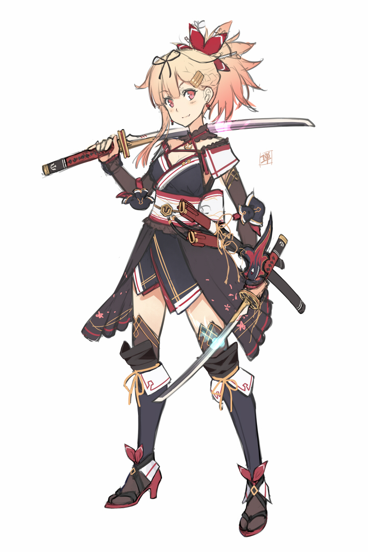 1girl anchor_symbol arm_guards armor black_legwear black_ribbon blonde_hair blush braid breasts cleavage closed_mouth cosplay dan_(kumadan) dual_wielding earrings elbow_pads fang_out fate/grand_order fate_(series) fire french_braid full_body hair_ornament hair_ribbon hairclip holding holding_sword holding_weapon japanese_clothes jewelry kantai_collection katana kimono kneehighs legs_apart long_sleeves looking_at_viewer medium_breasts miyamoto_musashi_(fate/grand_order) miyamoto_musashi_(fate/grand_order)_(cosplay) obi over_shoulder ponytail purple_fire purple_kimono red_eyes remodel_(kantai_collection) ribbon sash short_hair simple_background sketch smug solo standing sword tareme thigh-highs unsheathed waist_cape weapon weapon_over_shoulder white_background yuudachi_(kantai_collection)