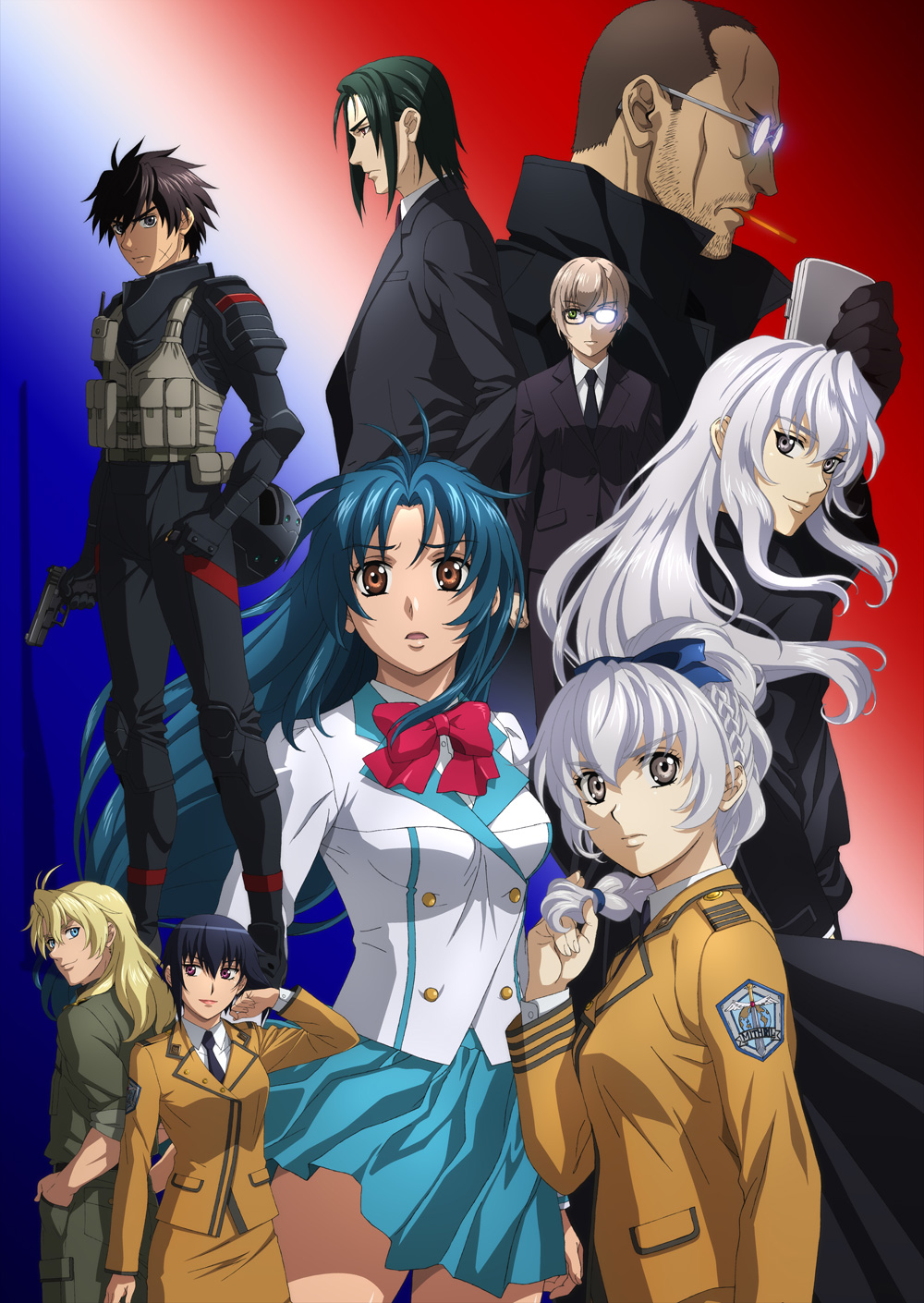 black_hair blue_eyes blue_hair braid brown_eyes chidori_kaname full_metal_panic! glasses gun highres key_visual kurz_weber leonard_testarossa long_hair melissa_mao multiple_boys multiple_girls official_art sagara_sousuke short_hair silver_hair teletha_testarossa weapon