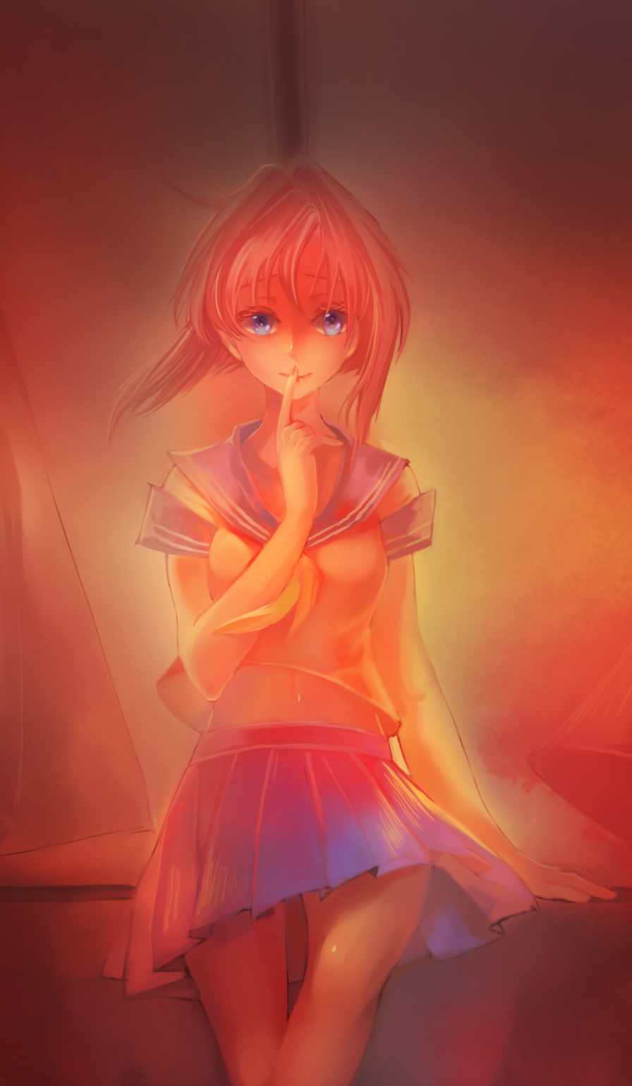 1girl blue_eyes blue_sailor_collar blue_skirt food fruit highres higurashi_no_naku_koro_ni index_finger_raised orange orange_hair peiyu redhead ryuuguu_rena school_uniform serafuku short_hair short_sleeves sitting skirt solo