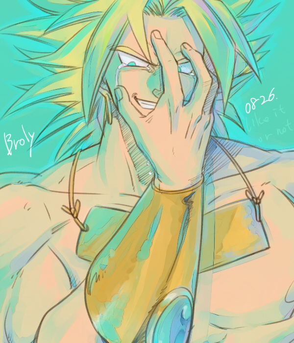 1boy bakusou_k bare_chest blue_eyes bracelet broly character_name collar crying dated dragon_ball dragonball_z earrings eyebrows_visible_through_hair hand_on_own_face jewelry looking_away male_focus shirtless smile spiky_hair super_saiyan tears text