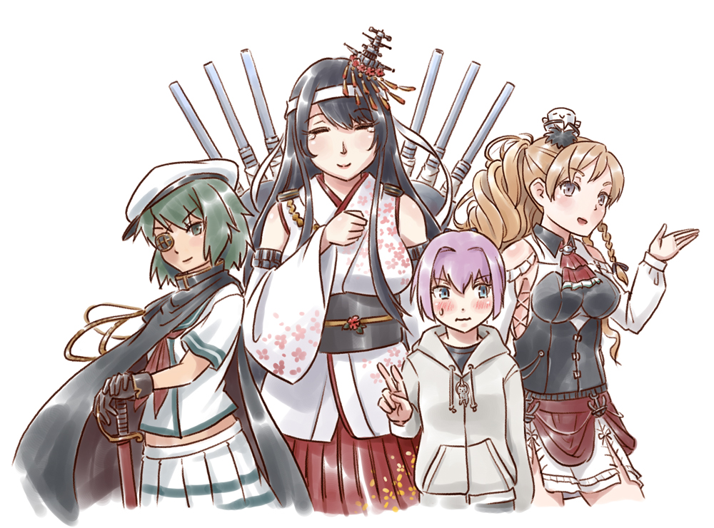 4girls anchor ascot bare_shoulders black_cape black_gloves black_hair black_shirt blonde_hair blue_eyes blush braid breasts brown_eyes cape closed_eyes commentary_request cowboy_shot cutlass_(sword) detached_sleeves epaulettes eyepatch flat_cap floral_print french_braid fusou_(kantai_collection) gloves green_eyes green_hair grey_hoodie hachimaki hair_ornament hand_on_own_chest hat headband japanese_clothes kantai_collection karasu_(naoshow357) kiso_(kantai_collection) large_breasts long_hair looking_at_viewer looking_away machinery midriff mini_hat miniskirt multiple_girls neckerchief nontraditional_miko pauldrons pink_hair pleated_skirt ponytail red_neckwear red_skirt remodel_(kantai_collection) school_uniform serafuku shiranui_(kantai_collection) shirt short_hair simple_background skirt smile tearing_up turret v wavy_hair wavy_mouth white_background white_shirt white_skirt zara_(kantai_collection)