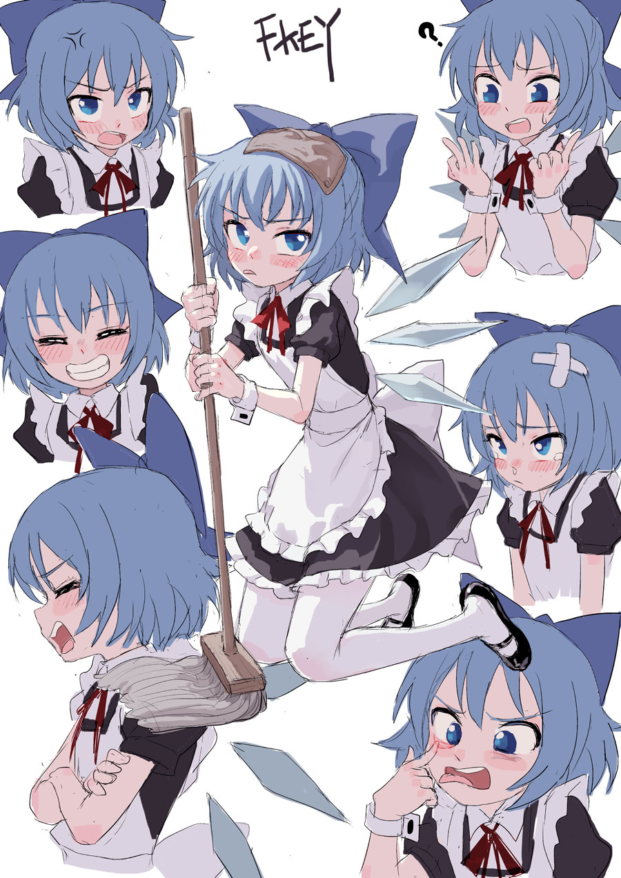 1girl ? akanbe alternate_costume anger_vein apron artist_name bandaid bangs black_dress blue_bow blue_eyes blue_hair blush bow cirno counting crossed_arms dress enmaided fkey full_body grin hair_bow highres ice ice_wings looking_at_viewer maid maid_apron mop multiple_views neck_ribbon open_mouth puffy_short_sleeves puffy_sleeves red_ribbon ribbon short_hair short_sleeves smile tearing_up tears tongue tongue_out touhou wings wrist_cuffs