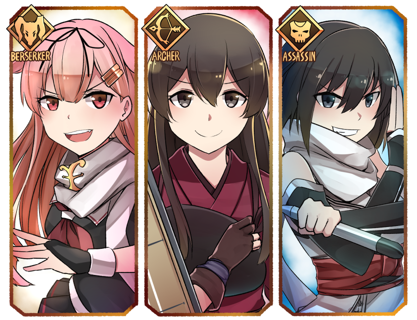 &gt;:) 3girls :d akagi_(kantai_collection) black_eyes black_gloves black_hair black_ribbon black_serafuku black_skirt blonde_hair brown_eyes brown_hair commentary_request elbow_gloves fate/grand_order fate_(series) fingerless_gloves flight_deck gloves grin hair_between_eyes hair_flaps hair_ornament hair_ribbon hairclip holding holding_torpedo ido_(teketeke) japanese_clothes kantai_collection long_hair multiple_girls muneate neckerchief open_mouth parody partly_fingerless_gloves pleated_skirt red_eyes red_neckwear remodel_(kantai_collection) revision ribbon sailor_collar scarf school_uniform sendai_(kantai_collection) serafuku short_hair skirt smile tasuki torpedo v-shaped_eyebrows white_sailor_collar white_scarf yugake yuudachi_(kantai_collection)