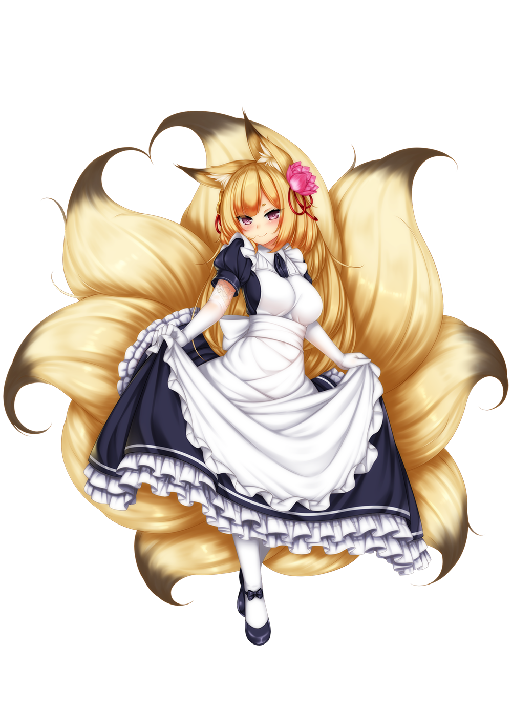 1girl alternate_costume animal_ears blonde_hair commentary_request elbow_gloves enmaided flower fox_ears fox_tail full_body gloves hair_flower hair_ornament highres kayou_(sennen_sensou_aigis) long_hair looking_at_viewer maid multiple_tails pink_eyes playjoe2005 puffy_short_sleeves puffy_sleeves sennen_sensou_aigis short_sleeves simple_background skirt_hold smile solo tail white_background white_gloves white_legwear