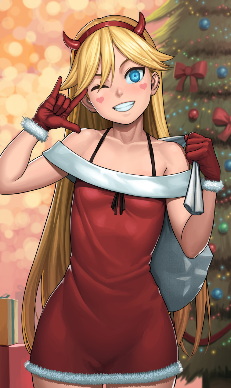 1girl \m/ bare_shoulders blue_eyes bow christmas_tree collarbone commentary facial_mark fur-trimmed_gloves fur_trim gloves grin hairband heart highres holding_bag horns lasterk long_hair looking_at_viewer parted_lips red_bow red_gloves santa_costume smile standing star_butterfly star_vs_the_forces_of_evil very_long_hair