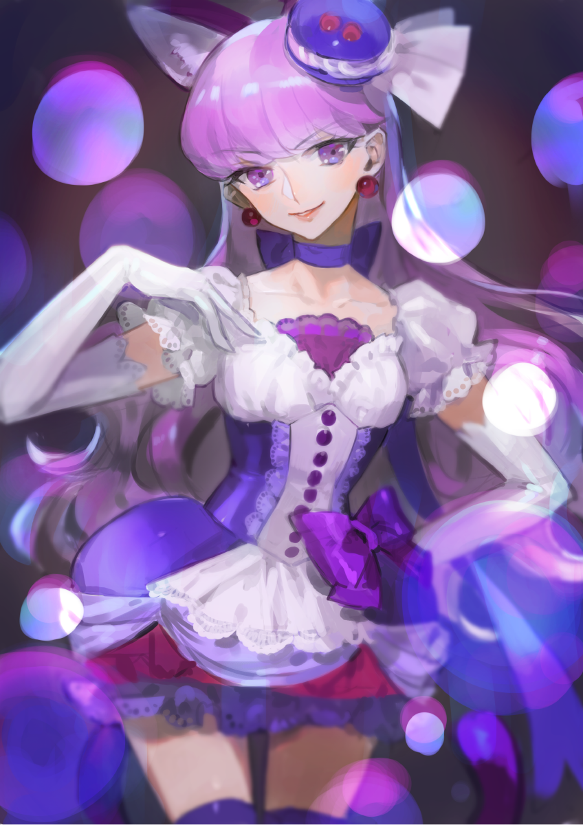 1girl animal_ears bangs bow cat_ears choker collarbone cure_macaron earrings elbow_gloves extra_ears food_themed_hair_ornament frills gloves hair_ornament highres jewelry kirakira_precure_a_la_mode long_hair macaron_hair_ornament magical_girl nishihara_isao precure purple_hair smile solo violet_eyes white_gloves