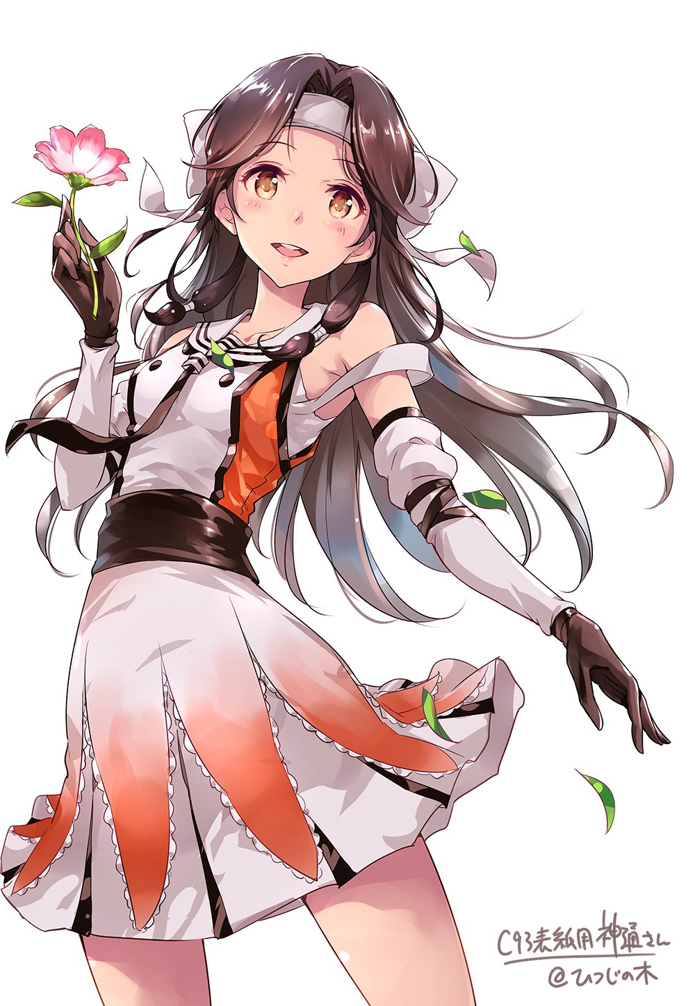 1girl :d bare_shoulders brown_eyes brown_gloves brown_hair cowboy_shot detached_sleeves elbow_gloves flower forehead_protector gloves hachimaki hair_intakes half_updo headband highres holding holding_flower jintsuu_(kantai_collection) kantai_collection long_hair looking_at_viewer moupii_(hitsuji_no_ki) open_mouth remodel_(kantai_collection) school_uniform serafuku simple_background smile solo white_background