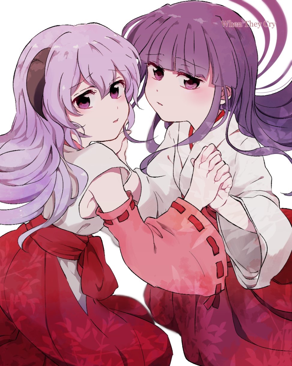 2girls copyright_name detached_sleeves english floating_hair furude_rika hakama hana_(h6n6_matsu) hand_holding hanyuu highres higurashi_no_naku_koro_ni horns interlocked_fingers japanese_clothes miko multiple_girls purple_hair red_hakama sad violet_eyes white_background wide_sleeves