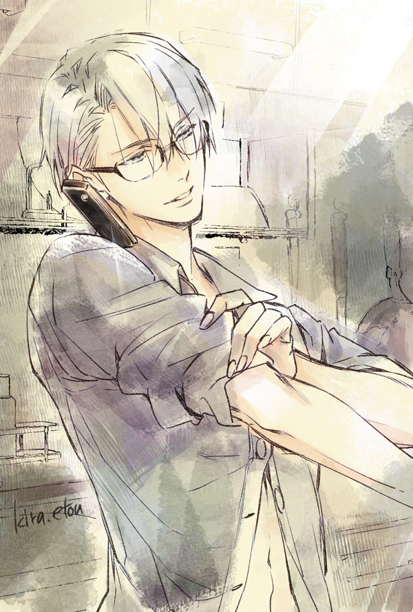 1boy artist_name bespectacled blue_eyes cellphone collared_shirt etou_kira glasses male_focus open_clothes open_shirt phone shirt silver_hair sleeves_rolled_up smartphone smile viktor_nikiforov yuri!!!_on_ice