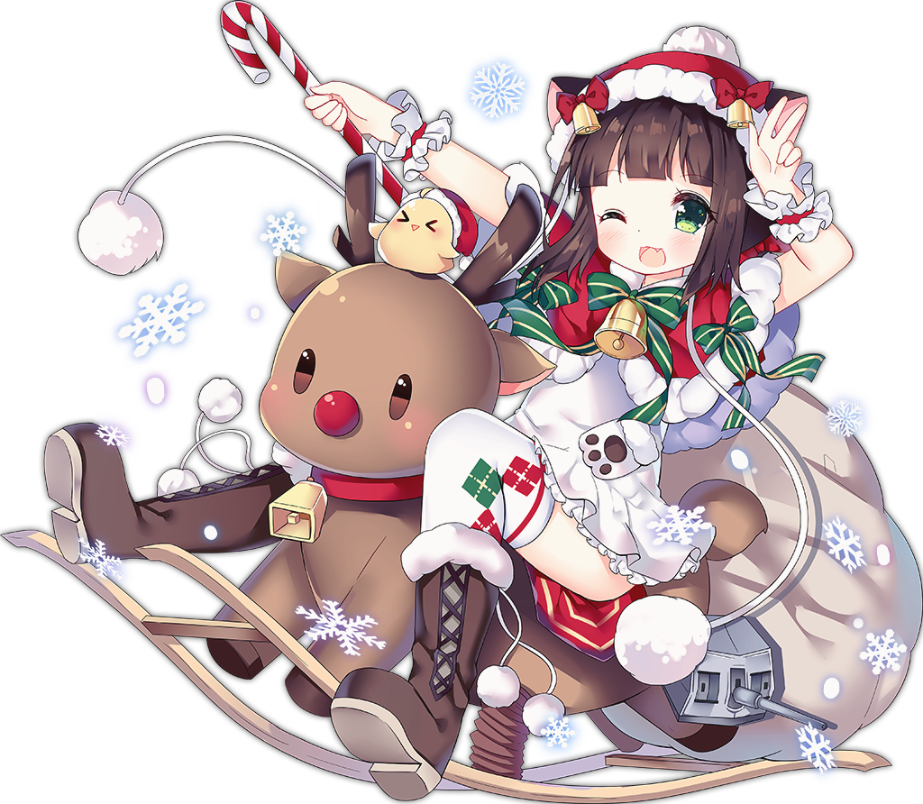 &gt;_&lt; 1girl :3 :d ;d animal_ears azur_lane bangs bell bird blunt_bangs blush boots bow brown_footwear brown_hair candy candy_cane capelet cat_ears chick dress fang food full_body green_eyes green_ribbon hat holding hood hood_up machinery mutsuki_(azur_lane) official_art one_eye_closed open_mouth over-kneehighs red_bow red_capelet reindeer ribbon sack santa_costume santa_hat short_dress short_hair simple_background smile solo tareme thigh-highs tongue transparent_background tsukimi_(xiaohuasan) turret white_dress white_legwear