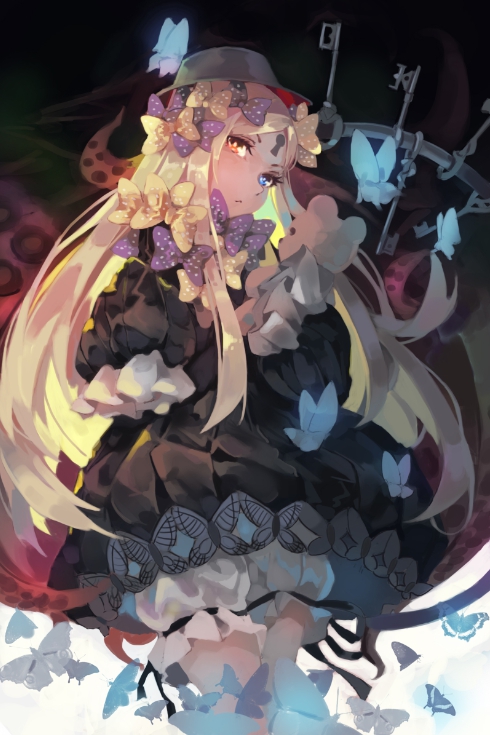 1girl abigail_williams_(fate/grand_order) bangs black_bow black_dress black_hat blonde_hair bloomers blue_eyes bokujuu bow butterfly commentary_request dress fate/grand_order fate_(series) hair_bow hat heterochromia key long_hair long_sleeves looking_at_viewer object_hug orange_bow orange_eyes parted_bangs polka_dot polka_dot_bow sleeves_past_wrists solo stuffed_animal stuffed_toy teddy_bear tentacle underwear very_long_hair white_bloomers