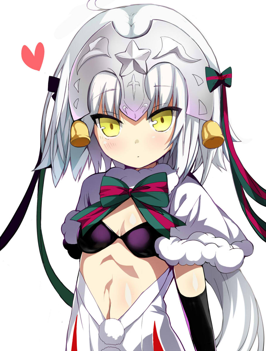 1girl bangs bell bikini_top black_bikini_top black_gloves blush bow closed_mouth dress elbow_gloves eyebrows_visible_through_hair fate/grand_order fate_(series) fur-trimmed_capelet gloves green_bow hair_bow headpiece heart highres jeanne_d'arc_(fate)_(all) jeanne_d'arc_alter_santa_lily long_hair looking_at_viewer ribbon shimejinameko simple_background solo striped striped_bow striped_ribbon tsurime upper_body v-shaped_eyebrows very_long_hair white_background white_capelet white_dress white_hair yellow_eyes
