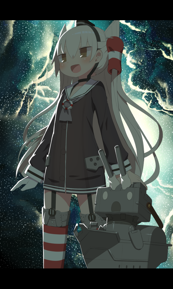 1girl :d amatsukaze_(kantai_collection) blush brown_eyes clouds commentary_request cowboy_shot dress garter_straps gloves grey_neckwear harau hat kantai_collection letterboxed light_particles lightning long_hair long_sleeves neckerchief open_mouth red_legwear rensouhou-kun sailor_dress silver_hair smile standing striped striped_legwear thigh-highs twintails very_long_hair white_gloves