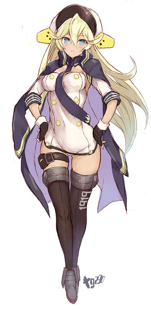 artist_name azur_lane black_gloves black_legwear blonde_hair blue_eyes boots breasts closed_mouth covered_navel dress fingerless_gloves full_body gloves gluteal_fold goekawa hair_between_eyes hands_on_hips hat headgear jacket_on_shoulders large_breasts long_hair panties pantyshot pantyshot_(standing) short_dress simple_background standing strapless strapless_dress tennessee_(azur_lane) thigh-highs thigh_strap underwear very_long_hair white_background white_dress