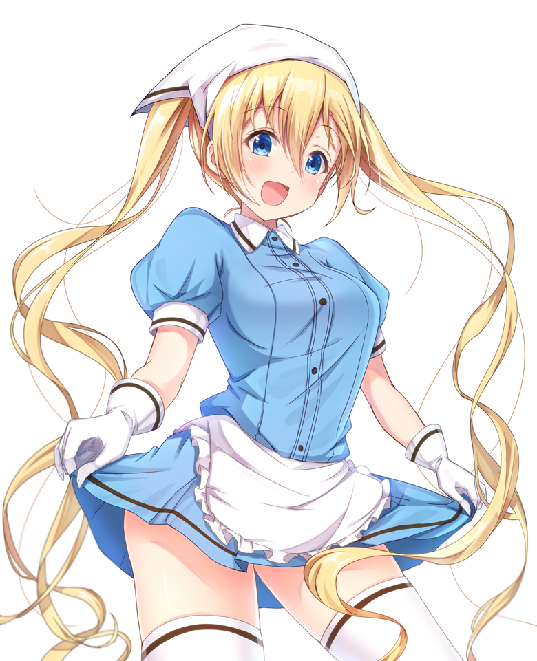 1girl bangs blend_s blonde_hair blue_eyes blush breasts commentary_request eyebrows_visible_through_hair gloves hair_between_eyes head_scarf hinata_kaho lifted_by_self long_hair looking_at_viewer matokechi medium_breasts open_mouth short_sleeves skirt skirt_lift smile solo stile_uniform thigh-highs twintails very_long_hair waitress white_gloves zettai_ryouiki