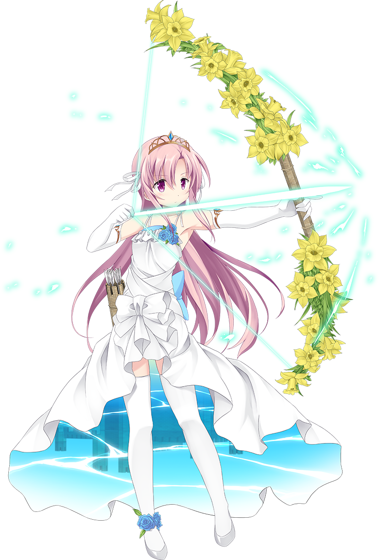 1girl arrow artist_request bare_shoulders bow_(weapon) dress elbow_gloves flower full_body gloves grey_footwear hair_ribbon high_heels holding holding_arrow holding_bow_(weapon) holding_weapon leeds_(oshiro_project) long_hair official_art oshiro_project oshiro_project_re pink_hair quiver ribbon sleeveless sleeveless_dress solo thigh-highs tiara transparent_background violet_eyes weapon white_dress white_gloves white_legwear white_ribbon