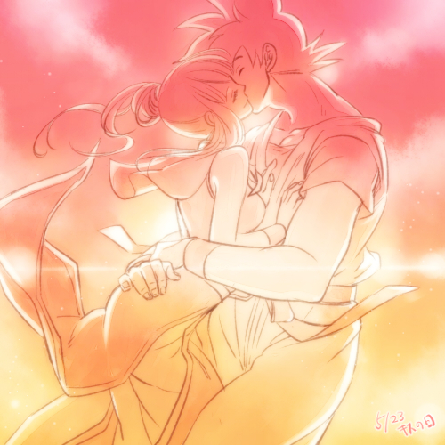 1boy 1girl bakusou_k chi-chi_(dragon_ball) closed_eyes couple dated dougi dragon_ball dragonball_z hands_on_another's_chest hetero hug kiss lowres short_hair smile son_gokuu tied_hair translation_request wristband