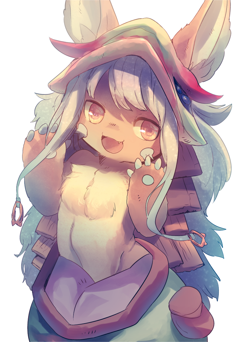 1girl :3 :d animal_ears commentary_request ears_through_headwear fang feet_out_of_frame furry hands_up hat long_hair looking_at_viewer made_in_abyss manino_(mofuritaionaka) nanachi_(made_in_abyss) open_mouth orange_eyes paws puffy_pants silver_hair simple_background smile solo standing topless whiskers white_background