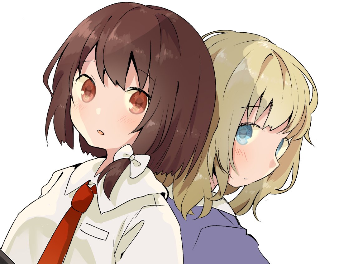 2girls back-to-back blonde_hair blue_eyes brown_eyes brown_hair hair_ribbon headwear_removed looking_at_viewer maribel_hearn multiple_girls necktie ribbon short_hair tamagogayu1998 touhou upper_body usami_renko