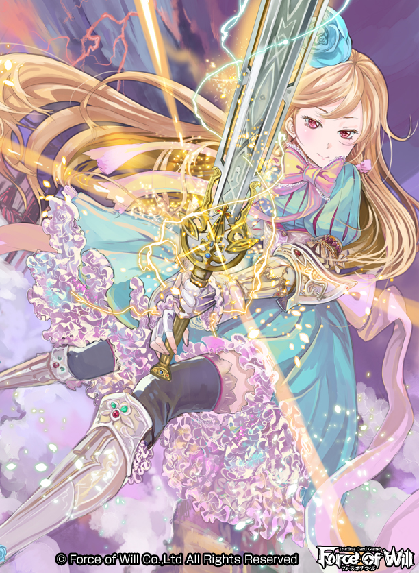 1girl alice_(wonderland) apron blonde_hair boots bow bowtie clouds copyright_name electricity fingerless_gloves flower force_of_will gloves hair_flower hair_ornament long_hair official_art red_eyes solo sparkle sword thigh-highs weapon wednesday_(starsilver)