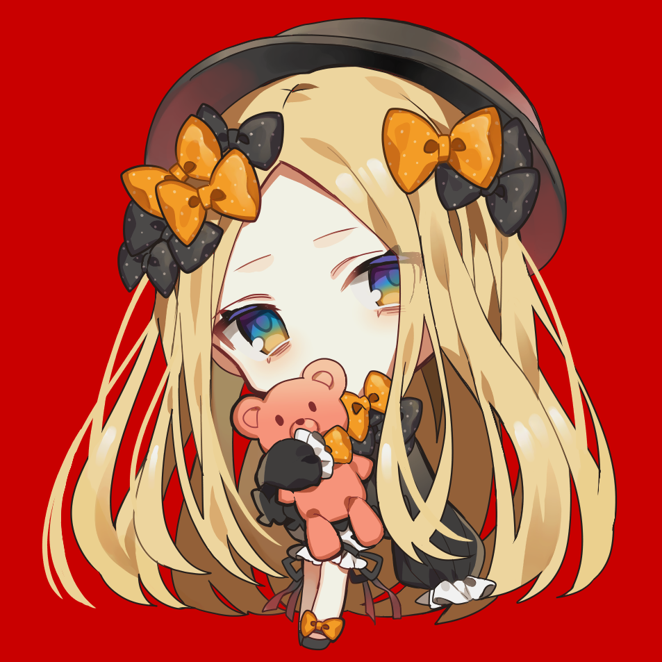 1girl abigail_williams_(fate/grand_order) absurdly_long_hair bangs black_bow black_dress black_footwear black_hat blonde_hair bloomers blue_eyes bow butterfly chibi dress fate/grand_order fate_(series) full_body hair_bow hat head_tilt long_hair long_sleeves looking_at_viewer object_hug orange_bow parted_bangs polka_dot polka_dot_bow red_background shiroko shoes simple_background sleeves_past_wrists solo standing stuffed_animal stuffed_toy teddy_bear underwear very_long_hair white_bloomers