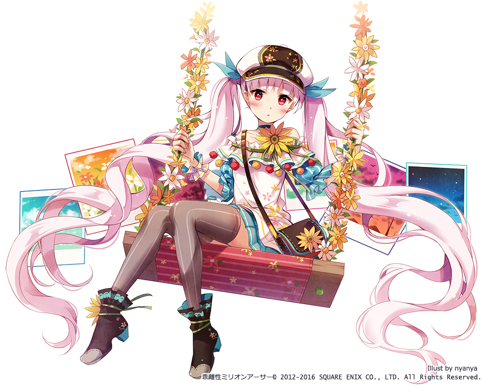 1girl :o ankle_boots artist_name bag bangs bare_shoulders black_footwear black_hat blue_choker blue_skirt blunt_bangs blush boots bright_pupils cabbie_hat collarbone flower frilled_sleeves frills full_body hat kai-ri-sei_million_arthur long_hair looking_at_viewer miniskirt nyanya off-shoulder_shirt official_art parted_lips photo_(object) pink_hair puffy_short_sleeves puffy_sleeves red_eyes shirt short_sleeves shoulder_bag simple_background sitting skirt solo striped striped_legwear swing tareme thigh-highs twintails vertical-striped_legwear vertical_stripes very_long_hair white_background white_shirt wrist_cuffs zettai_ryouiki