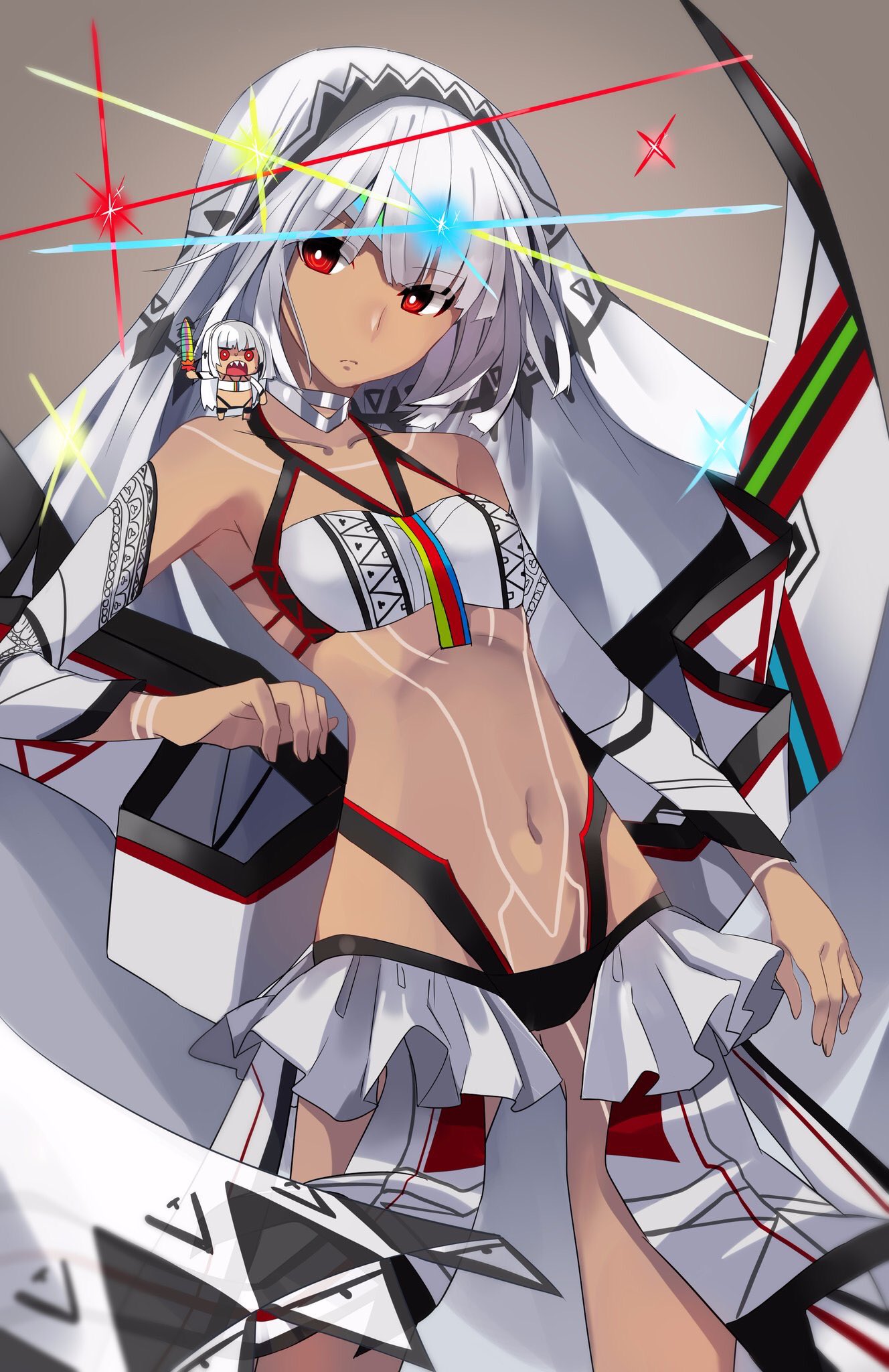 2girls altera_(fate) beltbra black_panties bra breasts bright_pupils chibi closed_mouth commentary_request cowboy_shot detached_sleeves dual_persona eyebrows_visible_through_hair fate/grand_order fate_(series) head_tilt highres holding holding_sword holding_weapon looking_at_viewer miniskirt multiple_girls navel niyokichi open_clothes open_mouth open_skirt panties red_eyes riyo_(lyomsnpmp)_(style) sharp_teeth silver_hair skirt small_breasts sparkle standing sword teeth underwear veil weapon white_bra white_skirt