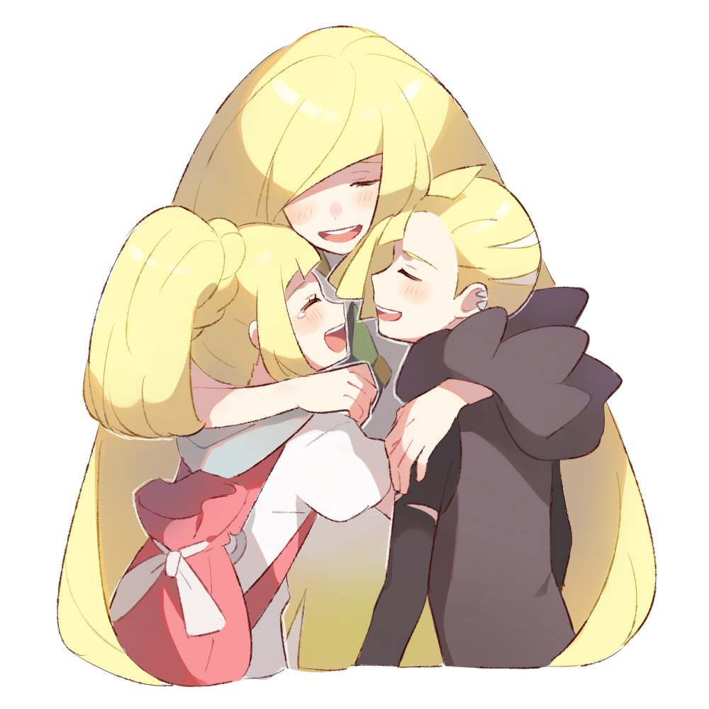 1boy 2girls backpack bag blonde_hair brother_and_sister closed_eyes gladio_(pokemon) hood hoodie hug lillie_(pokemon) long_hair long_sleeves lusamine_(pokemon) mother_and_daughter mother_and_son multiple_girls open_mouth pokemon pokemon_(anime) pokemon_(game) pokemon_sm pokemon_sm_(anime) ponytail shirt short_hair short_sleeves siblings simple_background tearing_up tears torn_clothes unadayoo00 white_background white_shirt