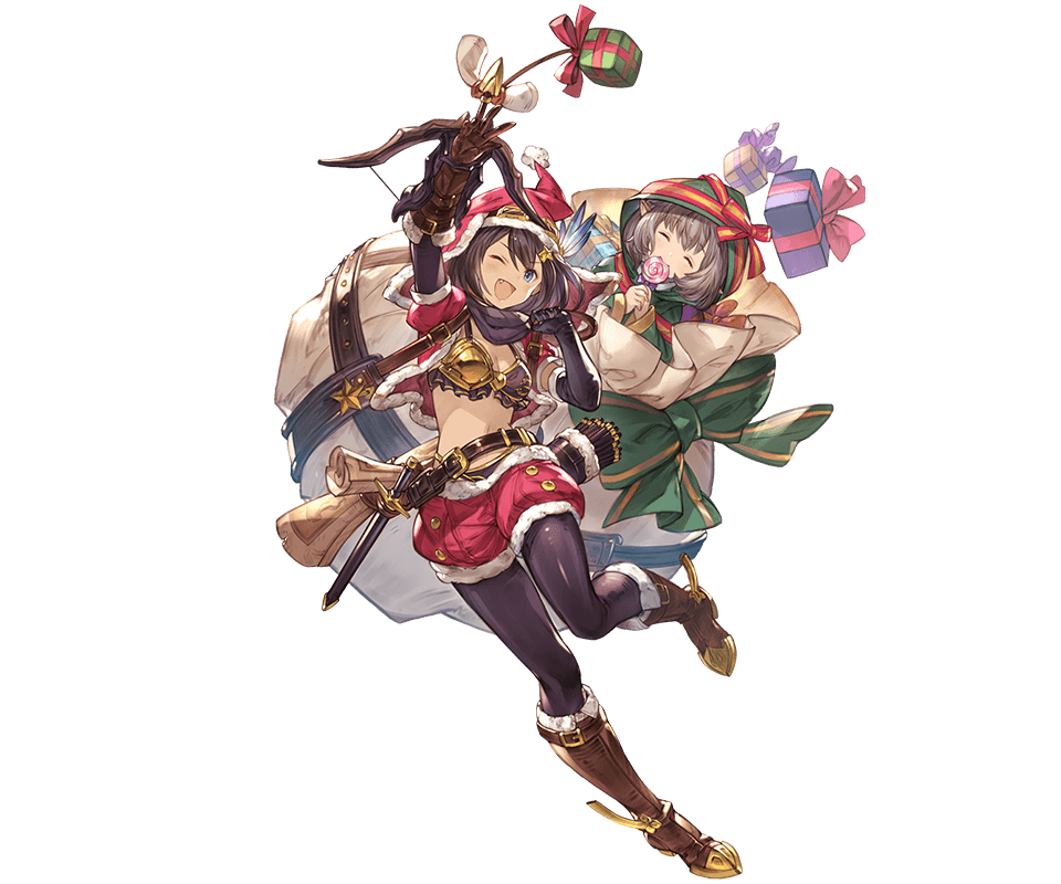 2girls ;d arm_up belt bob_cut boots bow_(weapon) brown_footwear brown_hair candy cropped_jacket crossbow dagger eating fang feena_(shingeki_no_bahamut) food full_body gift granblue_fantasy hair_ornament hat jacket lollipop map minaba_hideo minigob multiple_girls official_art one_eye_closed open_mouth red_jacket red_shorts santa_costume santa_hat shorts smile star star_hair_ornament transparent_background weapon