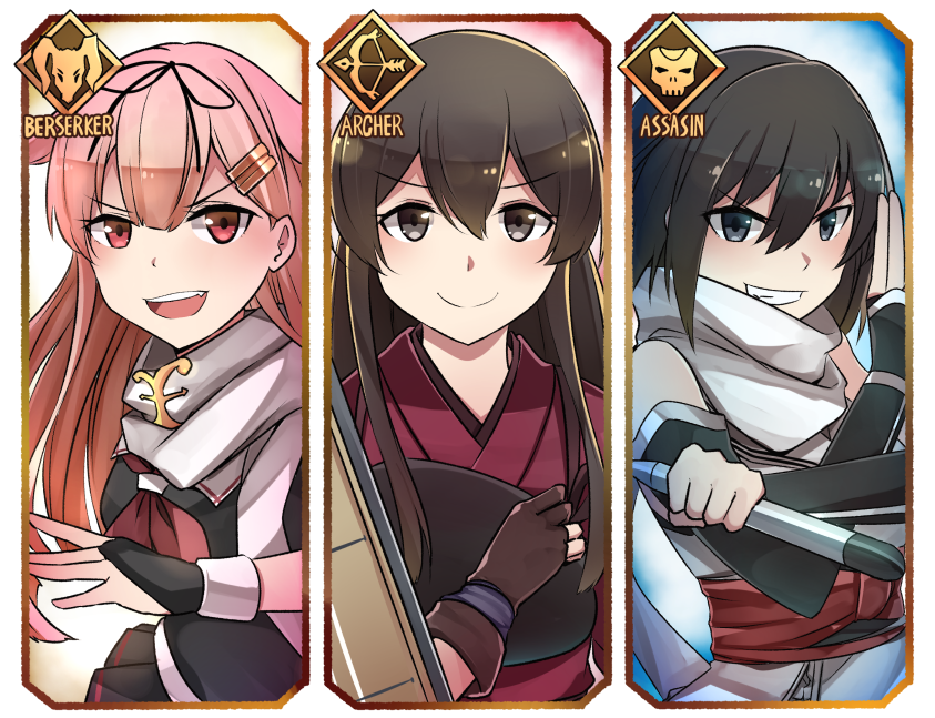 &gt;:) 3girls :d akagi_(kantai_collection) black_eyes black_gloves black_hair black_ribbon black_serafuku black_skirt blonde_hair brown_eyes brown_hair commentary_request elbow_gloves fate/grand_order fate_(series) fingerless_gloves flight_deck gloves grin hair_between_eyes hair_flaps hair_ornament hair_ribbon hairclip holding holding_torpedo ido_(teketeke) japanese_clothes kantai_collection long_hair multiple_girls muneate neckerchief open_mouth parody partly_fingerless_gloves pleated_skirt red_eyes red_neckwear remodel_(kantai_collection) ribbon sailor_collar scarf school_uniform sendai_(kantai_collection) serafuku short_hair skirt smile tasuki torpedo v-shaped_eyebrows white_sailor_collar white_scarf yugake yuudachi_(kantai_collection)