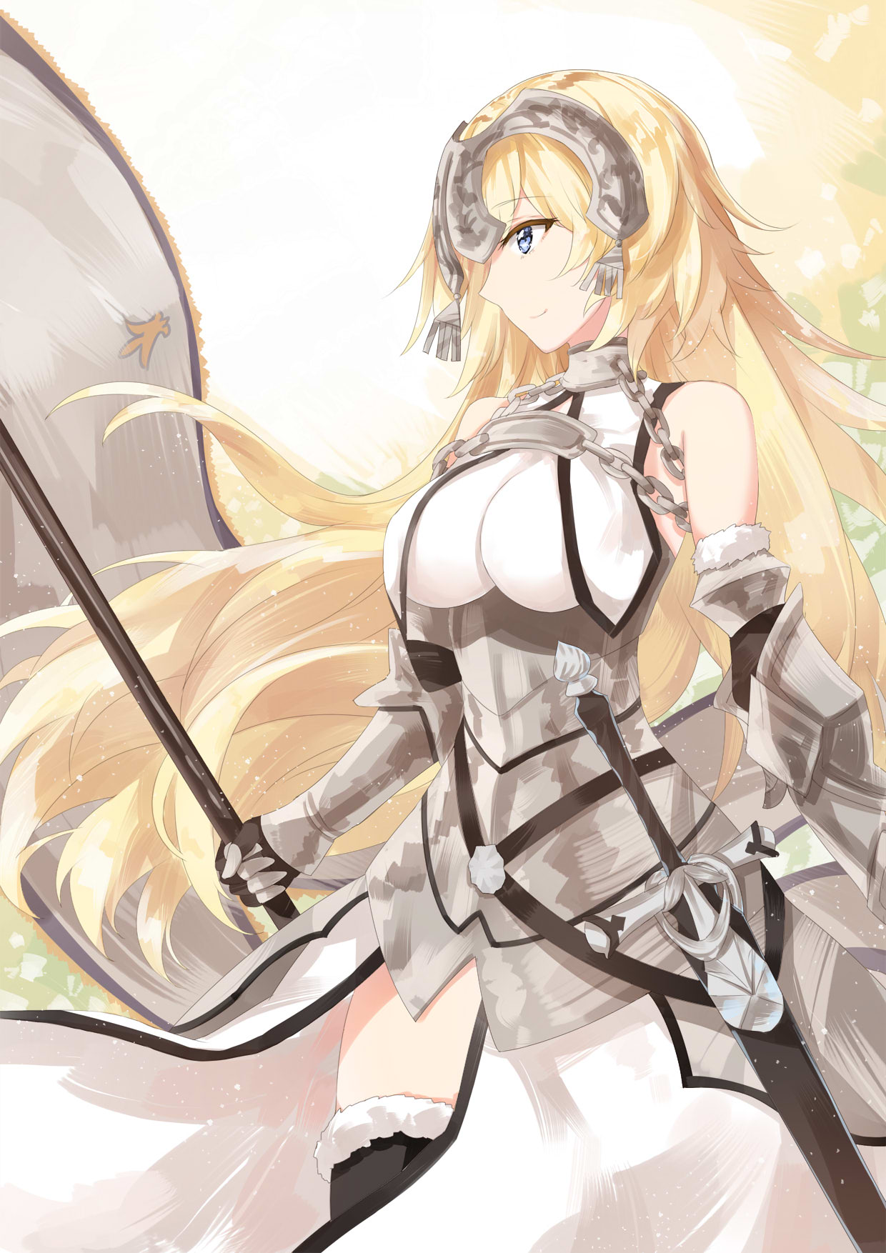 1girl armor armored_dress bare_shoulders blonde_hair braid breasts capelet chains cleavage eyebrows_visible_through_hair fate/apocrypha fate_(series) flag gauntlets headpiece highres holding jeanne_d'arc_(fate) jeanne_d'arc_(fate)_(all) long_hair marie_mushroom single_braid solo thigh-highs