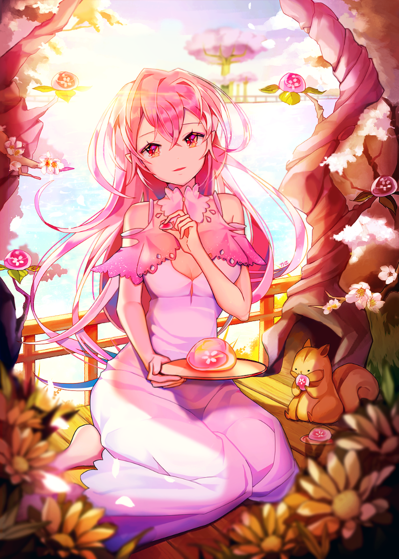 1girl cherry_blossoms day dress eating flower food full_body ggomddak hand_up holding holding_tray looking_at_viewer original outdoors pink_hair pointy_ears railing sitting squirrel sunlight tray tree water white_dress