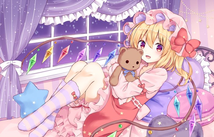 1girl bangs bed blonde_hair bloomers bow commentary_request curtains dress eyebrows_visible_through_hair flandre_scarlet full_body hair_between_eyes hat holding holding_stuffed_animal kure~pu long_sleeves looking_at_viewer lying mob_cap on_back open_mouth pillow purple_pillow red_bow red_dress red_eyes ribbon short_hair solo star star_pillow striped striped_legwear stuffed_animal stuffed_toy teddy_bear touhou underwear white_ribbon window wings