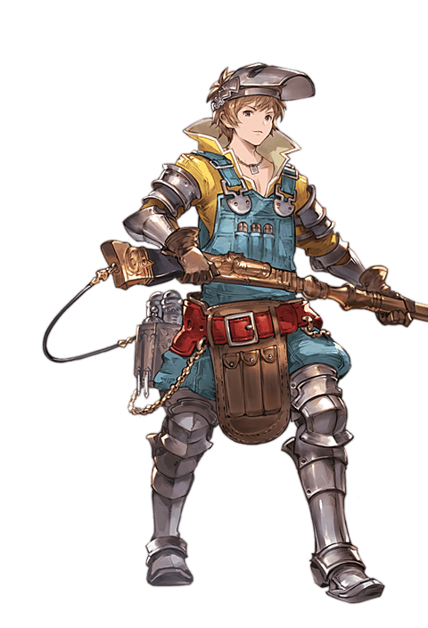 1boy armor armored_boots boots full_body gran_(granblue_fantasy) granblue_fantasy male_focus mechanic_(granblue_fantasy) minaba_hideo overalls shirt solo transparent_background welding_mask yellow_shirt