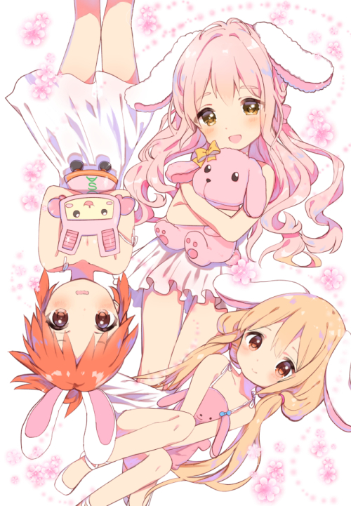 3girls :d abe_nana animal_ears ankle_lace-up bangs bare_arms bare_legs bare_shoulders brown_eyes caracorn closed_mouth cross-laced_footwear dress ears_down eyebrows_visible_through_hair floral_background futaba_anzu hair_between_eyes head_tilt idolmaster idolmaster_cinderella_girls kemonomimi_mode long_hair looking_at_viewer low_twintails lying multiple_girls on_back open_mouth orange_hair parted_lips pink_hair rabbit_ears saionji_kotoka short_hair sleeveless sleeveless_dress smile strap_slip stuffed_animal stuffed_bunny stuffed_toy toy_robot twintails upside-down v_arms very_long_hair wavy_mouth white_background white_dress white_footwear yellow_eyes