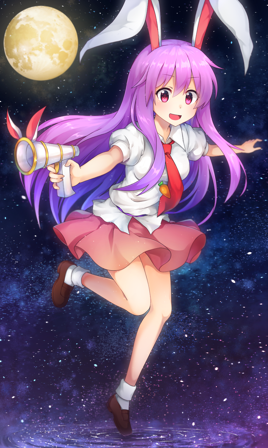 1girl :d animal_ears blouse blush bobby_socks caramell0501 collared_blouse full_body full_moon gun hair_between_eyes highres holding holding_gun holding_weapon lavender_hair loafers long_hair looking_at_viewer lunatic_gun moon necktie open_mouth pink_skirt puffy_short_sleeves puffy_sleeves rabbit_ears red_eyes red_neckwear reisen_udongein_inaba shoes short_sleeves skirt sky smile socks solo star_(sky) starry_sky touhou very_long_hair weapon white_blouse