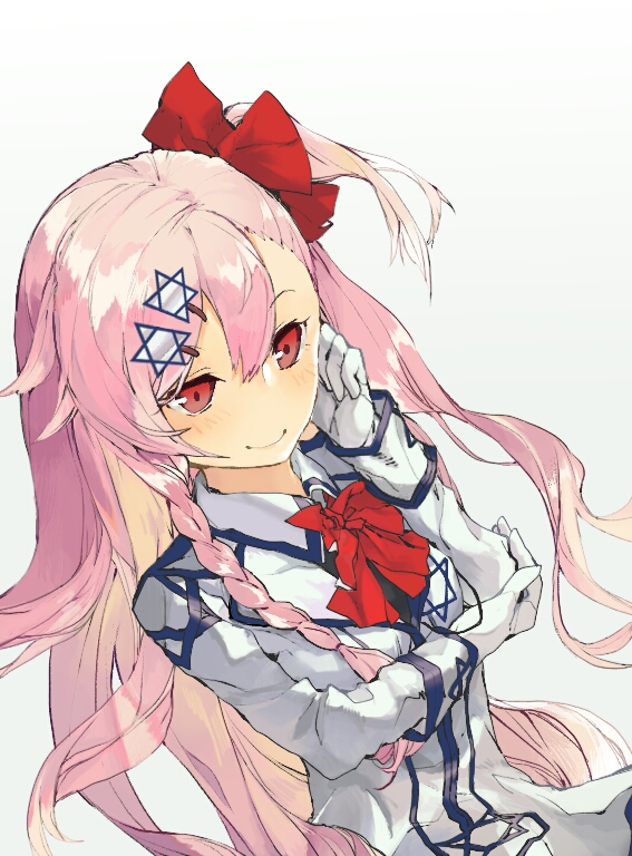 1girl arm_across_chest asymmetrical_hair bangs blush bow braid breasts eyebrows_visible_through_hair girls_frontline gloves gradient gradient_background hair_between_eyes hair_bow hair_ornament hair_ribbon hairclip hand_on_own_cheek hexagram holding_elbow long_hair negev_(girls_frontline) one_side_up pink_hair red_bow red_eyes ribbon rocco simple_background skirt smile solo star_of_david white_gloves white_skirt