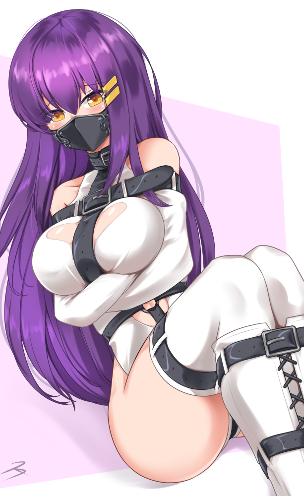 1girl bdsm belt belt_buckle blush bound bound_arms bound_legs breasts buckle collar eyebrows_visible_through_hair face_mask female gag hair_ornament hairclip heart heart-shaped_pupils jinhw2004 large_breasts long_hair mask original purple_hair solo straitjacket symbol-shaped_pupils thigh-highs very_long_hair yellow_eyes