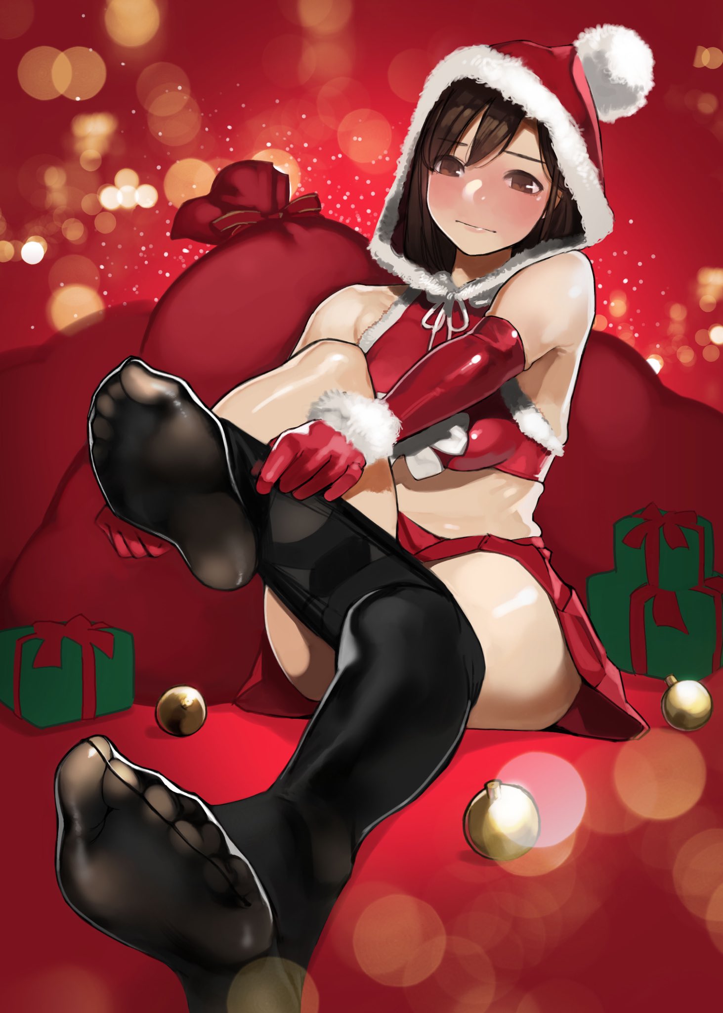 1girl bare_shoulders black_legwear blush bra brown_eyes brown_hair closed_mouth commentary dressing elbow_gloves eyebrows_visible_through_hair feet full-face_blush full_body gift gloves gusset hat highres hood_up leg_up lens_flare looking_at_viewer no_shoes original pantyhose pantyhose_pull pleated_skirt red_bra red_gloves red_skirt sack santa_costume santa_hat short_hair sitting skirt soles solo toes underwear yomu_(sgt_epper)