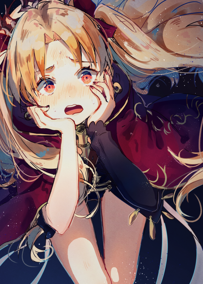 1girl bangs blonde_hair blush bow cloak cowboy_shot ereshkigal_(fate/grand_order) fate/grand_order fate_(series) floating_hair hair_bow hands_on_own_cheeks hands_on_own_face leaning_forward long_hair looking_at_viewer nail_polish open_mouth parted_bangs purple_bow red_eyes single_sleeve solo teeth thigh_gap thighs tiara tohsaka_rin twintails very_long_hair wavy_mouth yuno_tsuitta