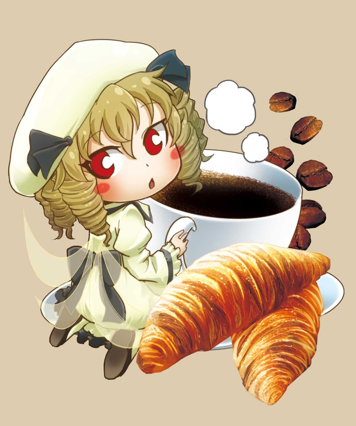 1girl blonde_hair blush bow chamaji coffee coffee_beans coffee_cup crescent croissant dress drill_hair eyebrows_visible_through_hair fairy_wings food frills hair_between_eyes hat highres long_sleeves luna_child open_mouth red_eyes saucer shoes simple_background solo touhou wide_sleeves wings