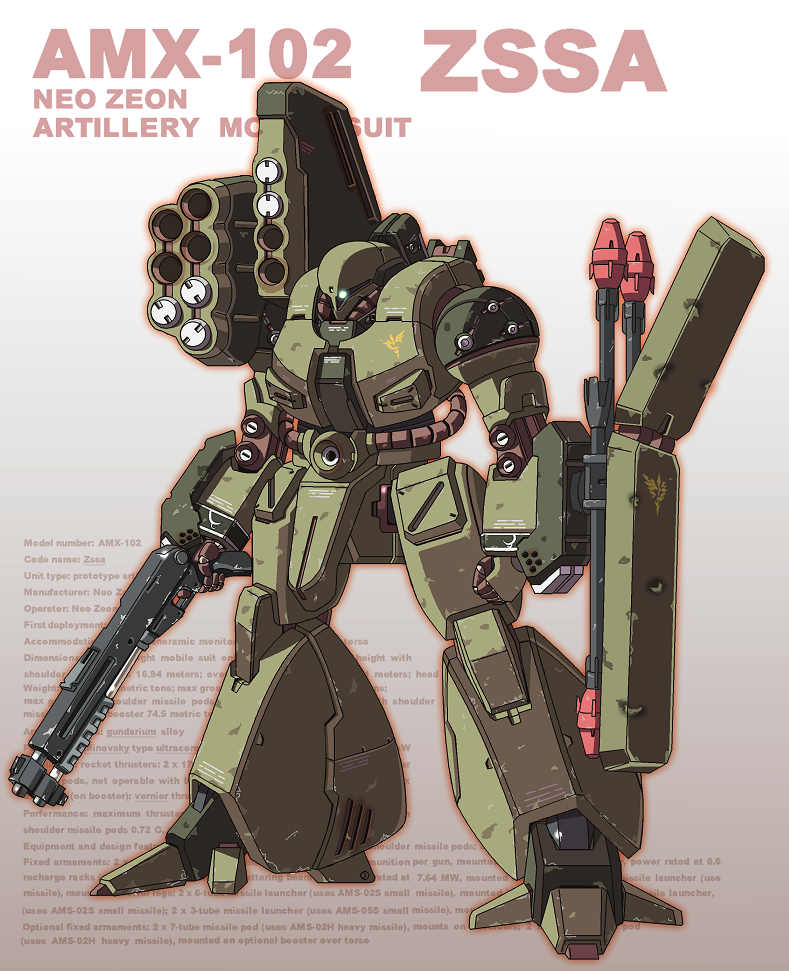 character_name clenched_hands glowing glowing_eyes grey_background gun gundam gundam_unicorn joy_(cyber_x_heaven) mecha missile missile_pod neo_zeon no_humans panzerfaust rocket_launcher shield shotgun solo text thrusters weapon zssa