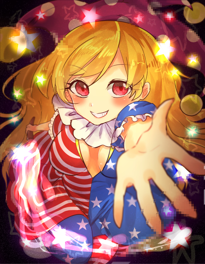 1girl american_flag american_flag_dress american_flag_legwear blonde_hair breasts cleavage cleavage_cutout clownpiece commentary_request fire flame foreshortening glowing grin hat jester_cap konnyaku_(yuukachan_51) long_hair looking_at_viewer medium_breasts neck_ruff open_hand pantyhose pixelated purple_hat reaching_out red_eyes smile solo star striped torch touhou