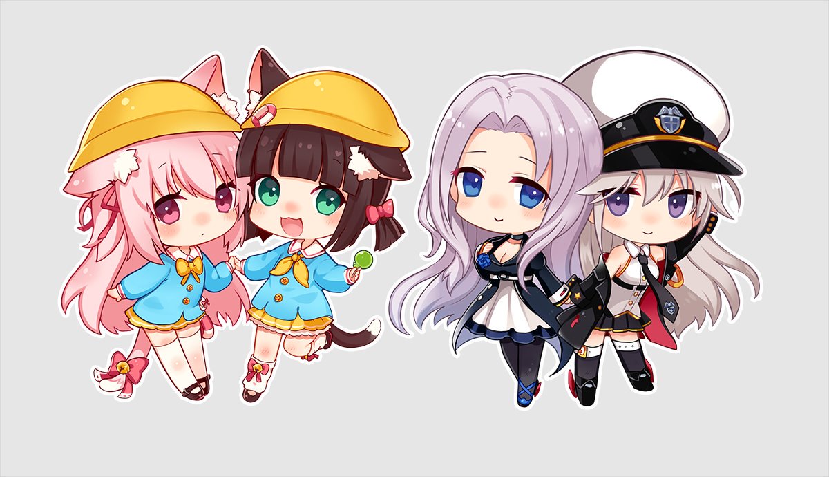 4girls :&gt; :3 :d arm_up azur_lane bangs bell black_dress black_footwear black_jacket black_legwear black_neckwear black_skirt blue_eyes blue_shirt blunt_bangs blush bow bowtie breasts brown_hair candy chibi cleavage closed_mouth commentary_request dress ears_through_headwear enterprise_(azur_lane) eyebrows_visible_through_hair food green_eyes grey_hair hair_between_eyes hair_bow hair_ribbon hand_holding hat holding holding_lollipop jacket jingle_bell kindergarten_uniform kisaragi_(azur_lane) large_breasts lifebuoy lollipop long_hair long_sleeves looking_at_viewer loose_socks mary_janes multiple_girls mutsuki_(azur_lane) neckerchief necktie off_shoulder open_mouth orqz pantyhose parted_bangs peaked_cap pink_bow pink_hair pink_ribbon pleated_skirt red_bow ribbon school_hat shirt shoes silver_hair skirt sleeveless sleeveless_shirt smile socks standing standing_on_one_leg tail tail_bell tail_bow thigh-highs very_long_hair violet_eyes white_hat white_legwear white_shirt white_skirt yellow_hat yellow_neckwear yellow_skirt